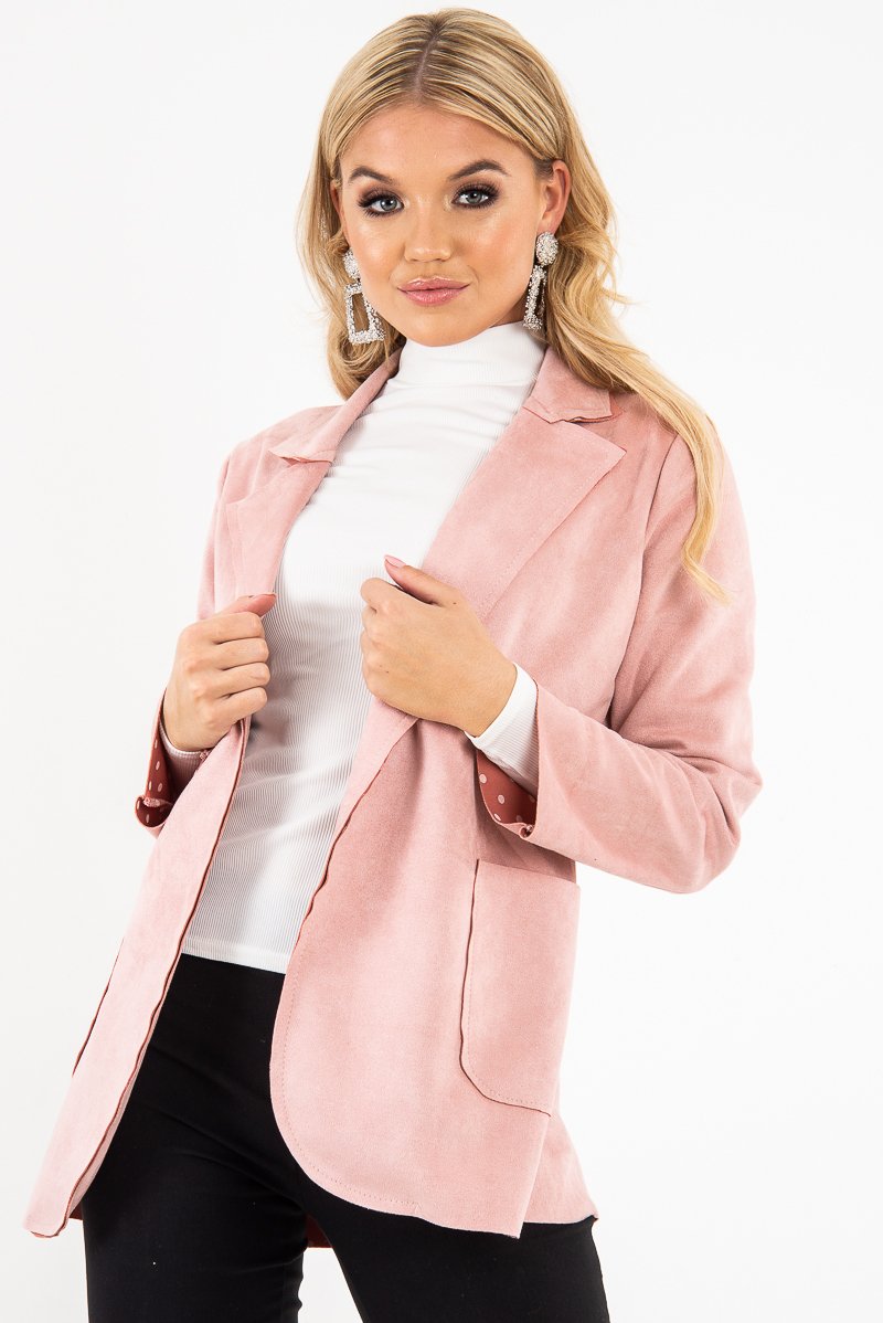 Pink Faux Suede Polka Dot Detail Blazer - Noelie-Blazers