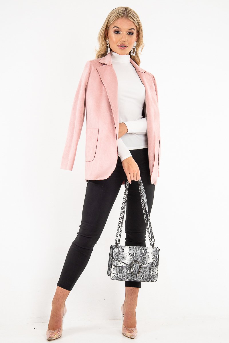 Pink Faux Suede Polka Dot Detail Blazer - Noelie-Blazers