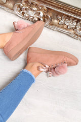 Pink Faux Suede Pom Pom Trainers - Ellany-Trainers