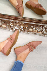 Pink Faux Suede Studded Loafers - Kenia-Flats