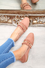 Pink Faux Suede Studded Loafers - Kenia-Flats