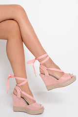 Pink Faux Suede Tie Up Wedges - Ruthe-Wedges