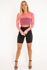 Pink Fish Net Long Sleeved Crop Top - Ivory-Crop Tops