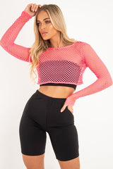 Pink Fish Net Long Sleeved Crop Top - Ivory-Crop Tops