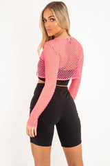Pink Fish Net Long Sleeved Crop Top - Ivory-Crop Tops