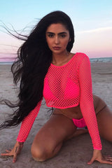 Pink Fish Net Long Sleeved Crop Top - Ivory-Crop Tops