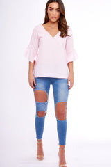 Pink Flare Bell Sleeve Blouse - Rosabela-Tops