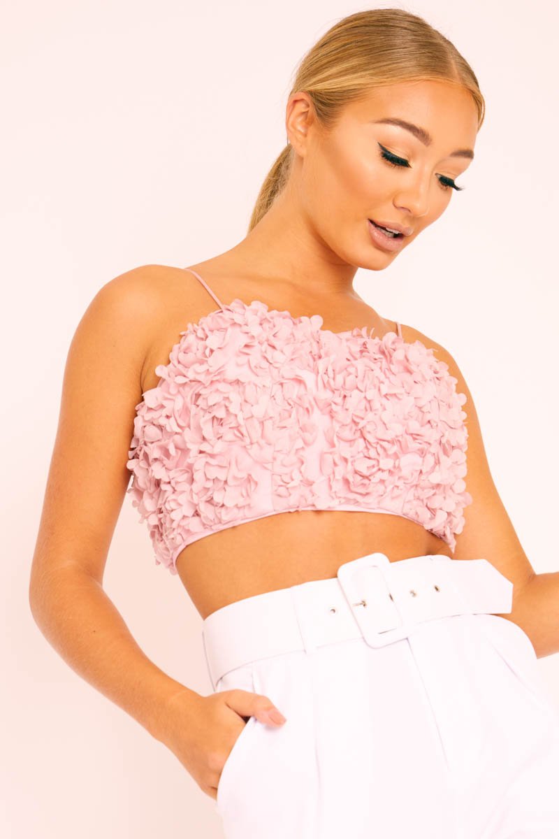 Pink Floral Applique Crop Top - Freida-Crop Tops