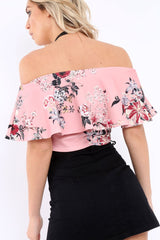 Pink Floral Bardot Crop Top - Justine-Tops