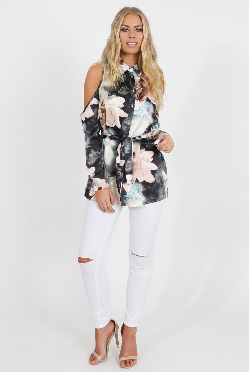 Pink Floral Cold Should Tie Waist Shirt- Loren-Shirts