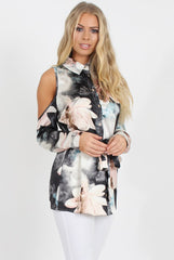 Pink Floral Cold Should Tie Waist Shirt- Loren-Shirts