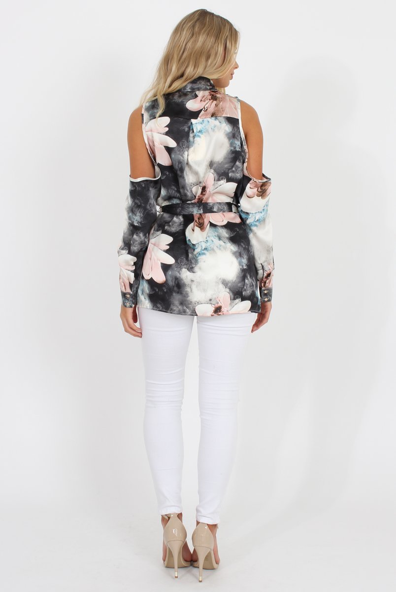 Pink Floral Cold Should Tie Waist Shirt- Loren-Shirts