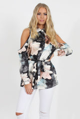 Pink Floral Cold Should Tie Waist Shirt- Loren-Shirts