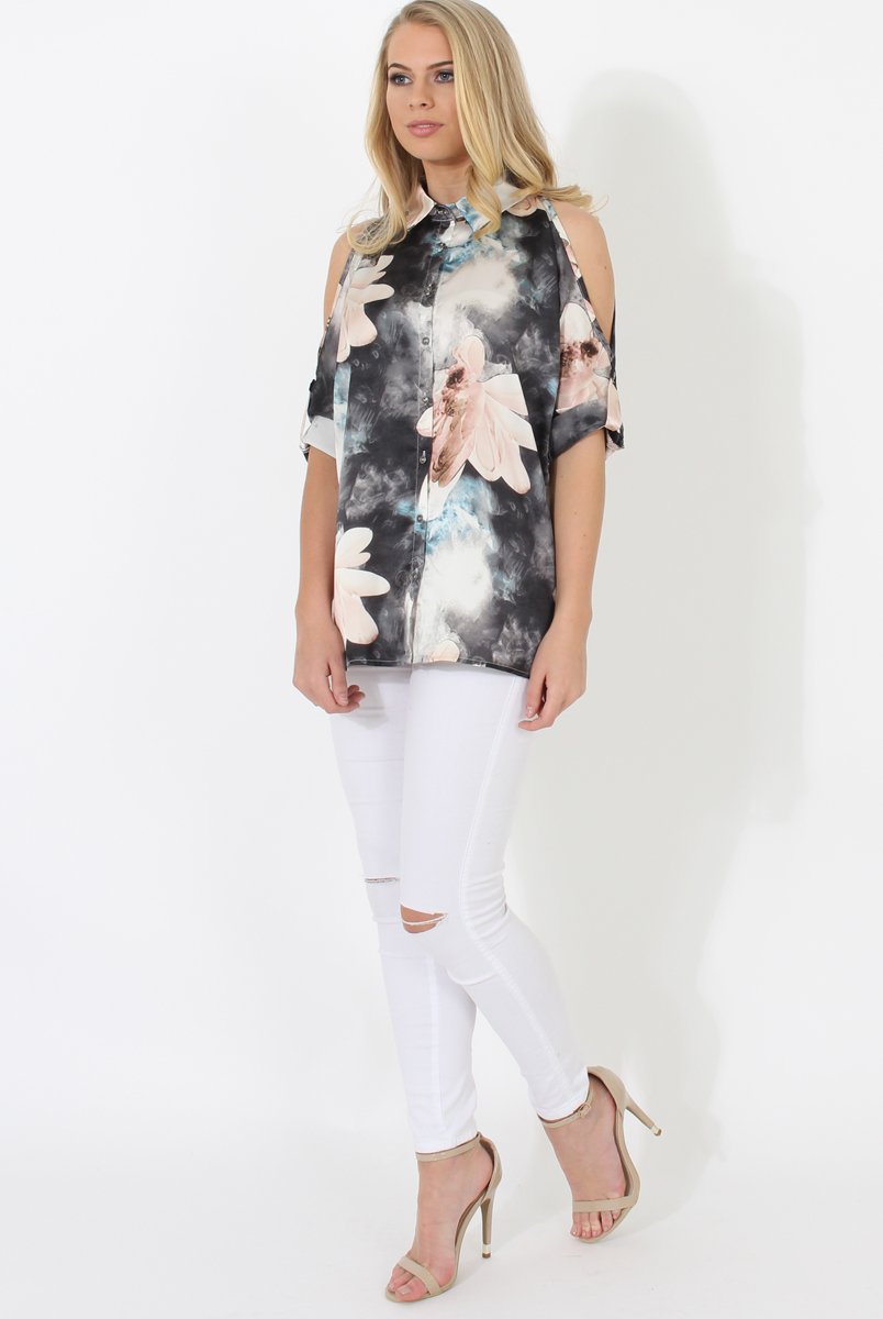 Pink Floral Cold Shoulder Shirt - Cira-Shirts