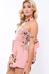 Pink Floral Crochet Halter Neck Tie Sleeve Playsuit - Jamie-Playsuits