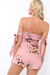 Pink Floral Crochet Halter Neck Tie Sleeve Playsuit - Jamie-Playsuits