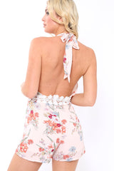 Pink Floral Halter Neck Playsuit - Vanessa-Playsuits