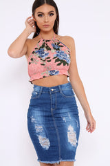 Pink Floral Halterneck Backless Crop Top - Aarin-Crop Tops