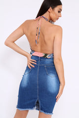 Pink Floral Halterneck Backless Crop Top - Aarin-Crop Tops