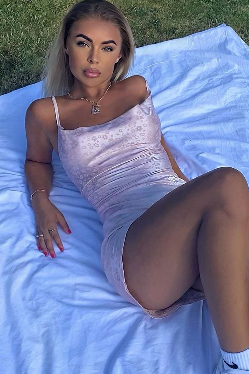 Pink Floral Jaquard Satin Ruched Side Slip Bodycon Dress - Davie-Dresses