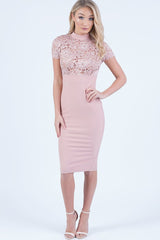 Pink Floral Lace Midi Dress - Olivia-Dresses