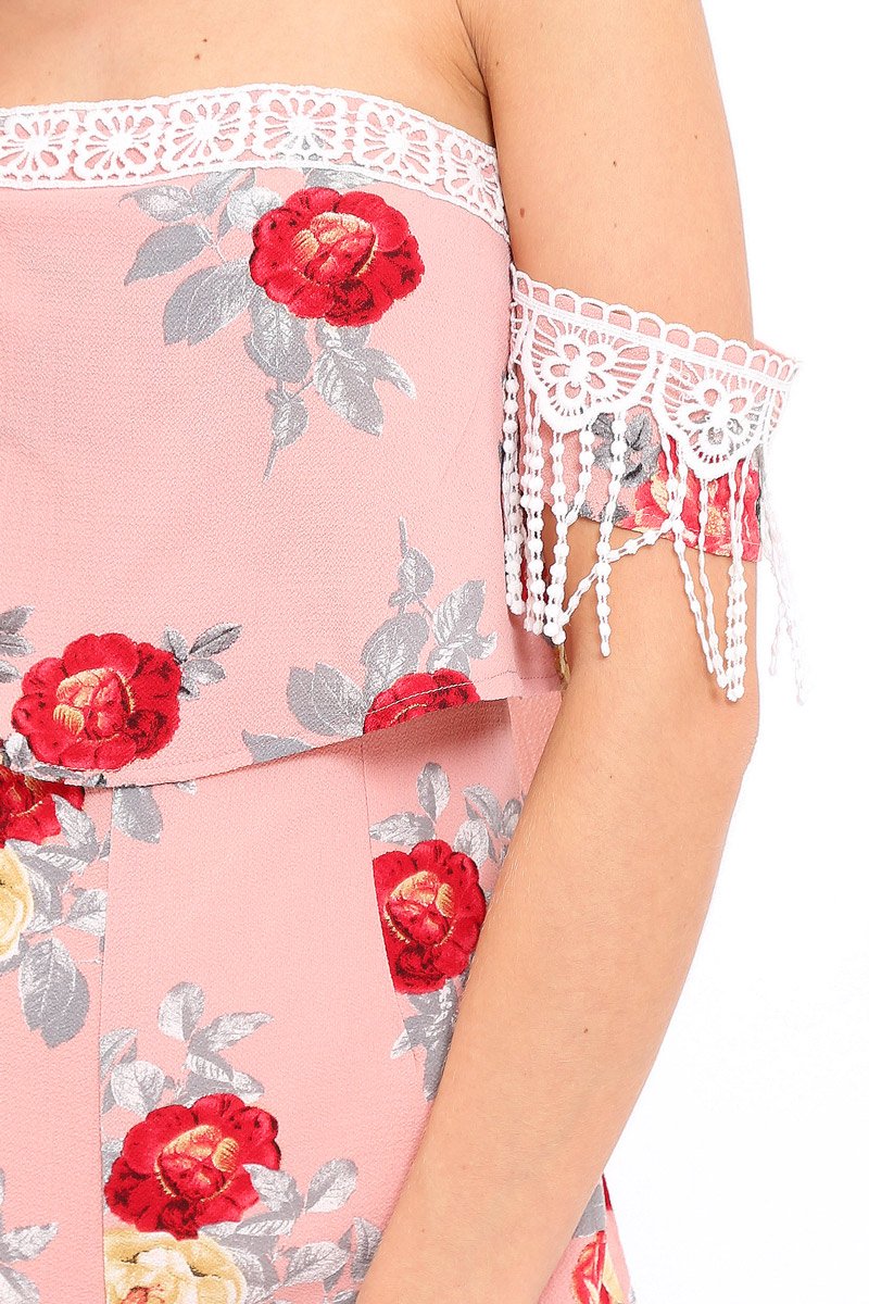Pink Floral Lace Trim Playsuit - Tamika-Playsuits