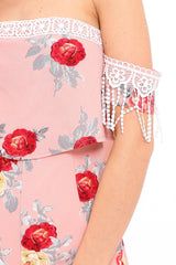 Pink Floral Lace Trim Playsuit - Tamika-Playsuits