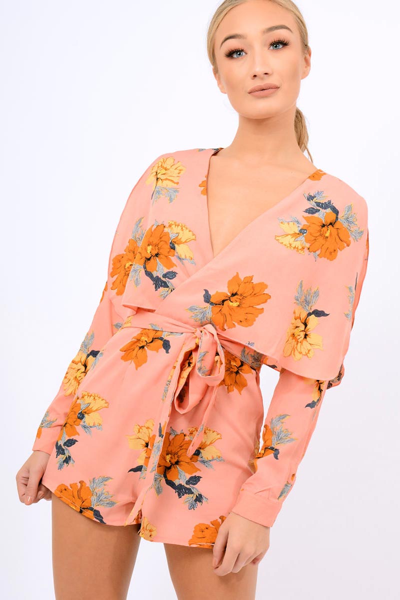 Pink Floral Panel Wrap Playsuit - Ladonna-Playsuits