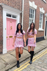 Pink Floral Print Crop Top + Frill Skirt Set - Abryana-Co-ords