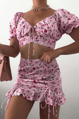 Pink Floral Print Crop Top + Frill Skirt Set - Abryana-Co-ords
