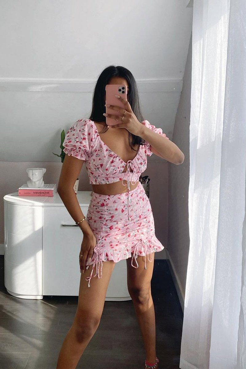 Pink Floral Print Crop Top + Frill Skirt Set - Abryana-Co-ords