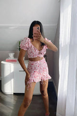 Pink Floral Print Crop Top + Frill Skirt Set - Abryana-Co-ords