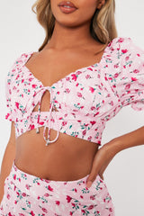 Pink Floral Print Crop Top + Frill Skirt Set - Abryana-Co-ords