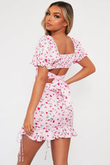 Pink Floral Print Crop Top + Frill Skirt Set - Abryana-Co-ords