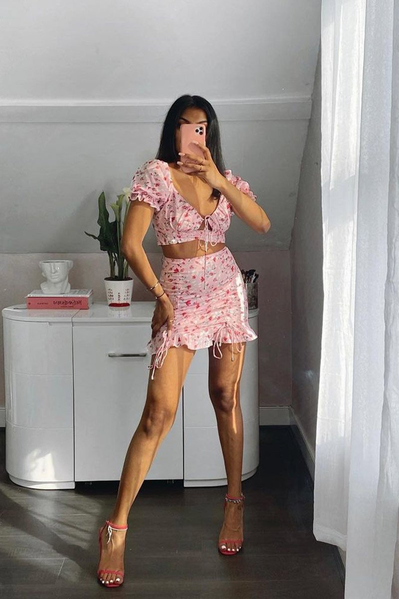 Pink Floral Print Crop Top + Frill Skirt Set - Abryana-Co-ords