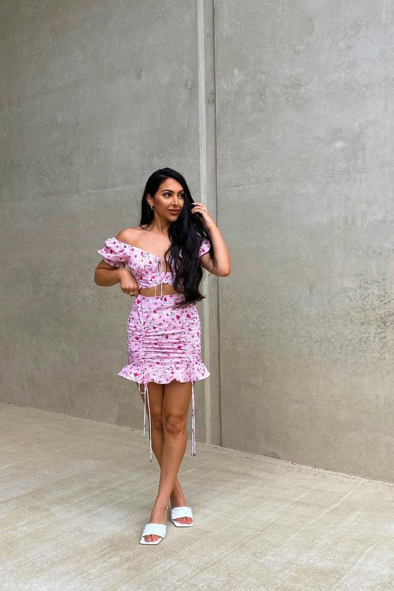 Pink Floral Print Crop Top + Frill Skirt Set - Abryana-Co-ords