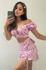 Pink Floral Print Crop Top + Frill Skirt Set - Abryana-Co-ords