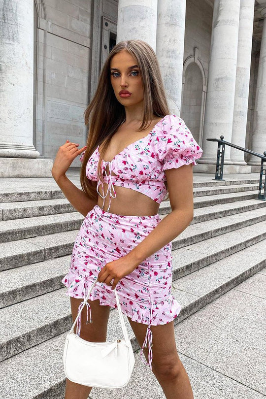 Pink Floral Print Crop Top + Frill Skirt Set - Abryana
