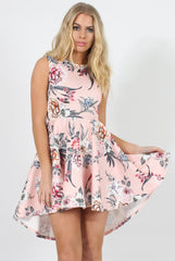 Pink Floral Print Dipped Hem Skater Dress - Lizzie-Dresses