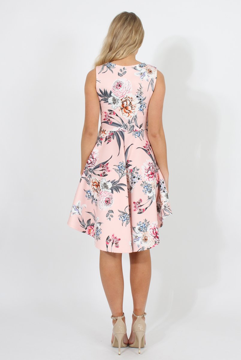 Pink Floral Print Dipped Hem Skater Dress - Lizzie-Dresses