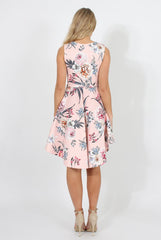 Pink Floral Print Dipped Hem Skater Dress - Lizzie-Dresses