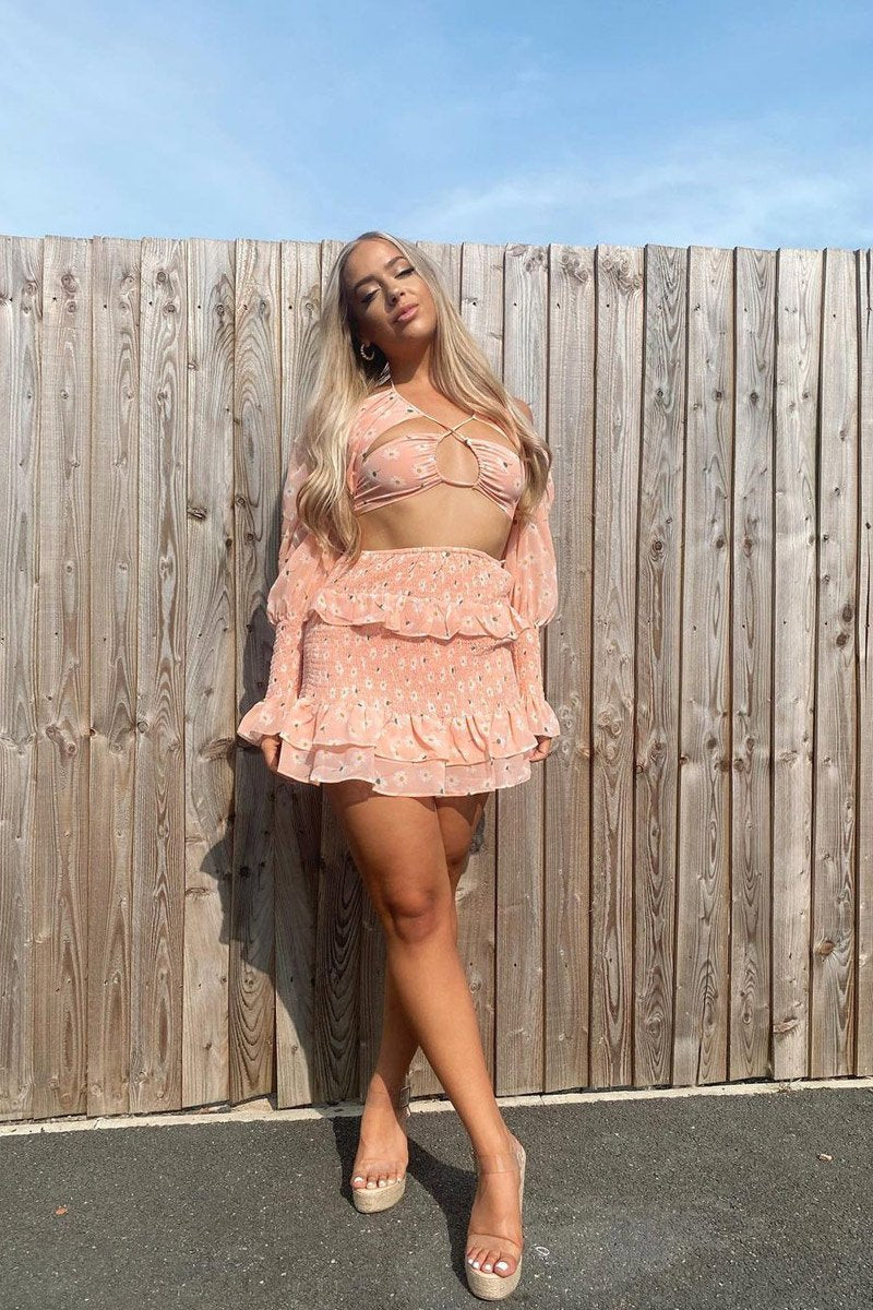 Pink Floral Print Lace Up Crop Top & Shirred Skirt Set - Adelei-Co-ords