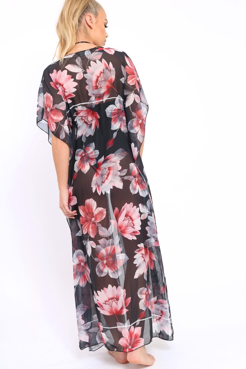 Pink Floral Print Long Kimono - Vonda-Jackets