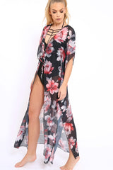 Pink Floral Print Long Kimono - Vonda-Jackets