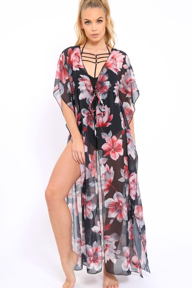 Pink Floral Print Long Kimono - Vonda-Jackets