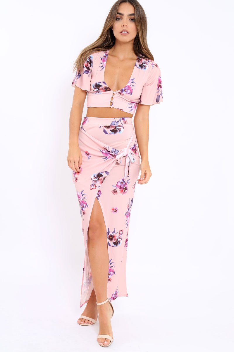 Pink Floral Print Split Maxi Skirt- Shayna-Skirts