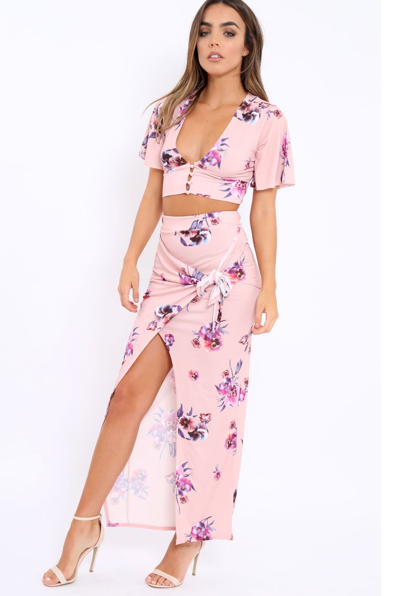 Pink Floral Print Split Maxi Skirt- Shayna-Skirts