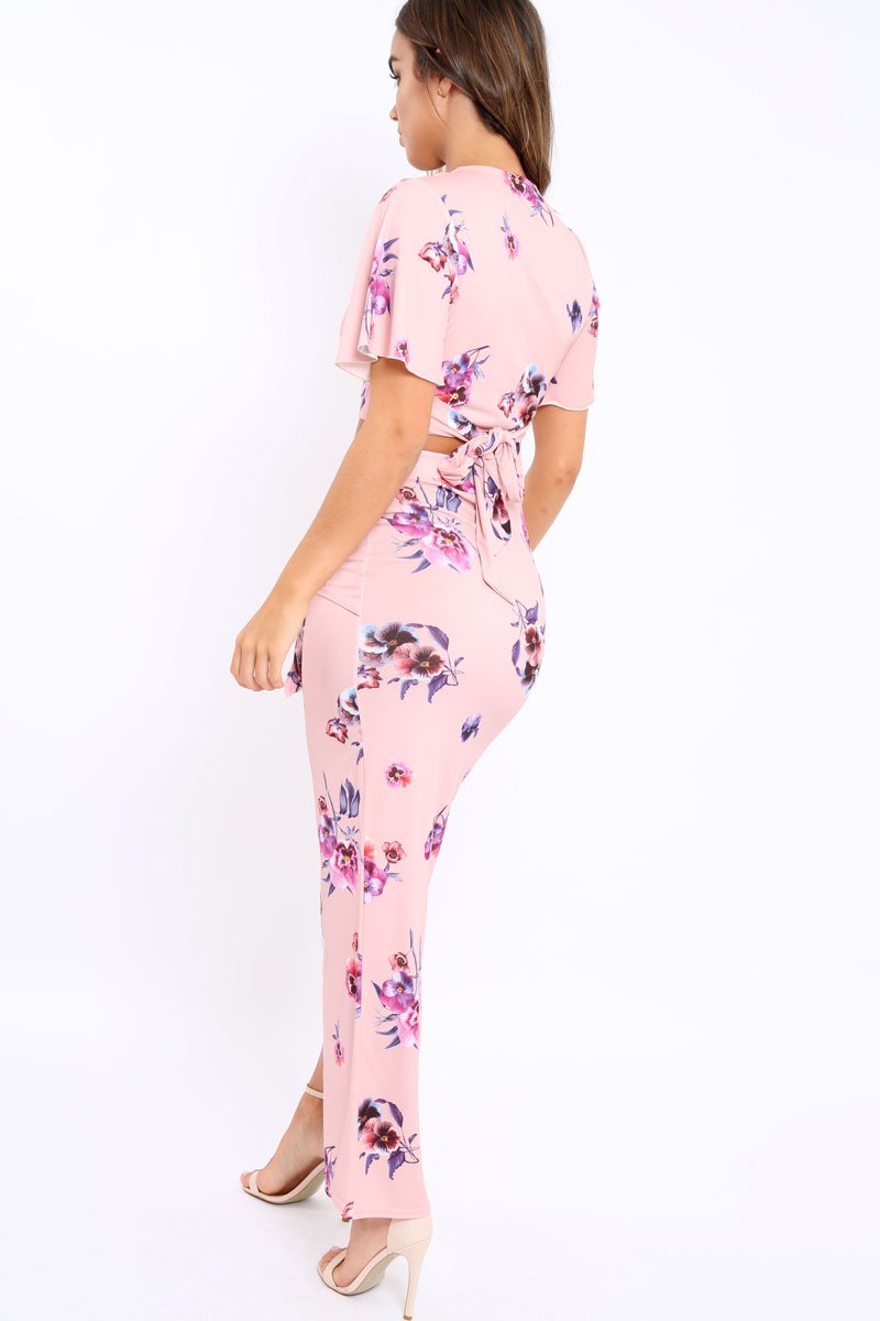 Pink Floral Print Split Maxi Skirt- Shayna-Skirts