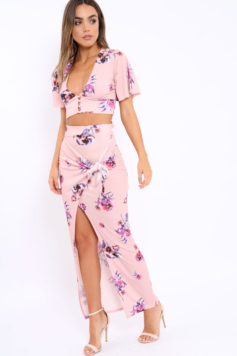 Pink Floral Print Split Maxi Skirt- Shayna-Skirts