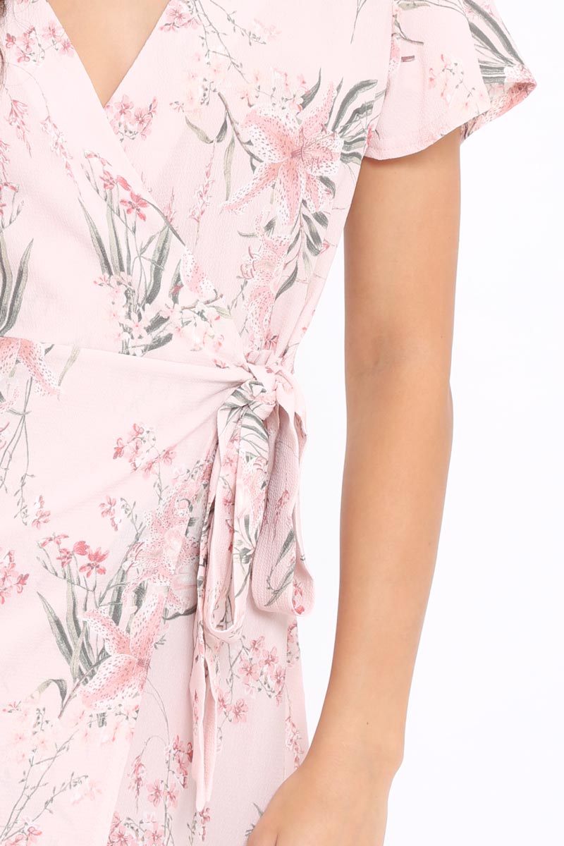 Pink Floral Print Wrap Dress - Norie-Dresses
